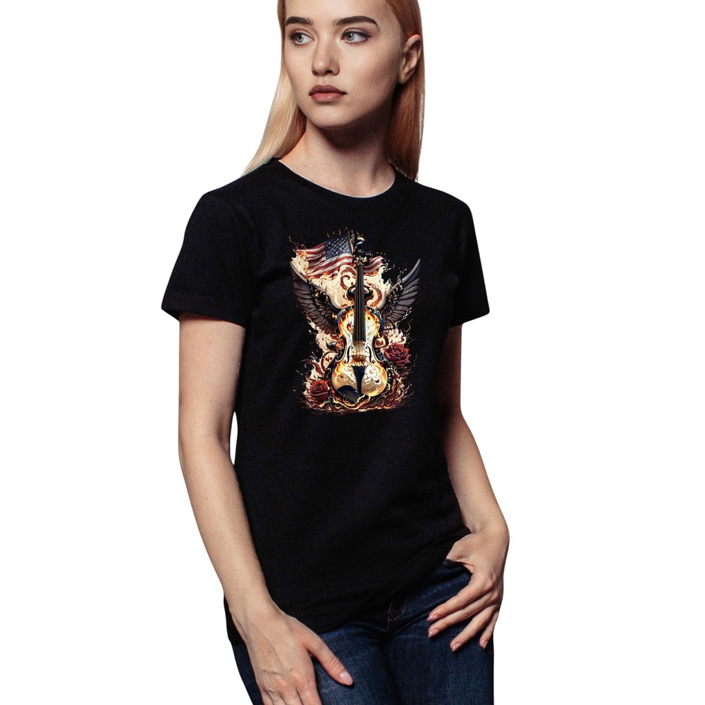Patriotic Flaming Violin 2XL Graphic T-Shirt American Flag‎ Wings Rock Music Tee